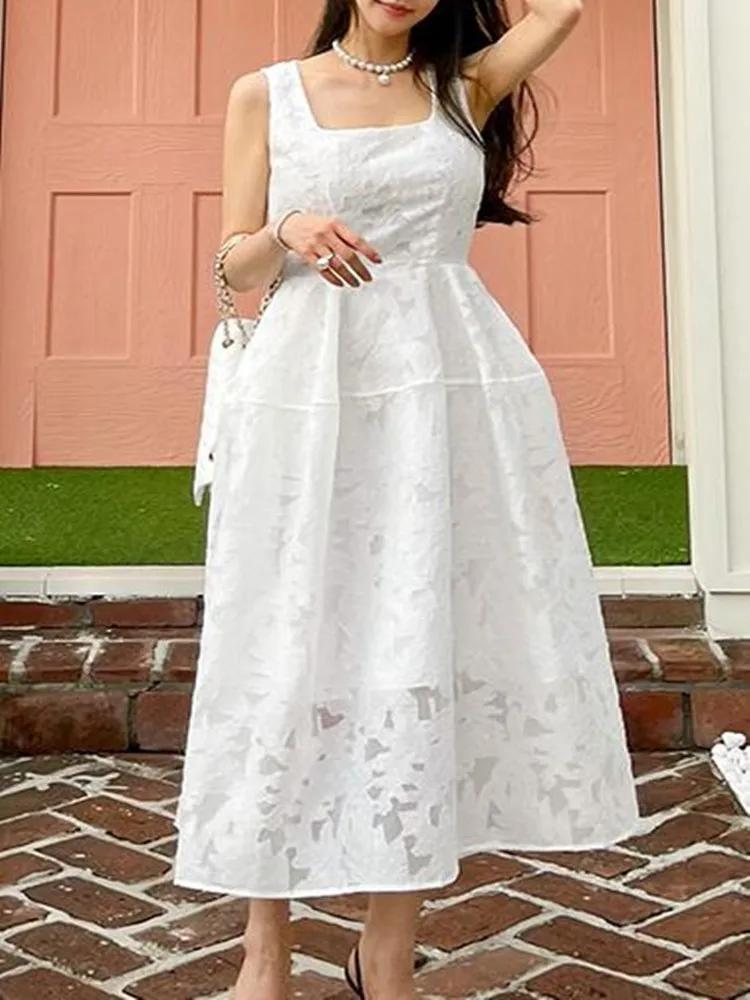 

Жаккардовое белое платье-трапеция ZAWFL, летнее элегантное модное платье без рукавов, плиссированное бальное платье, праздничное платье прин...