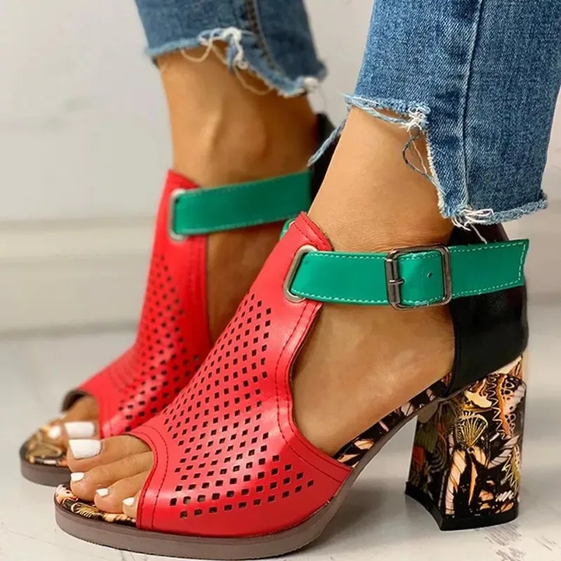 

Fashion women sandals Shallow Ankle Peep Toe Buckle Strap PU 6CM Square heel Classics High Quality Summer Women Shoes brown