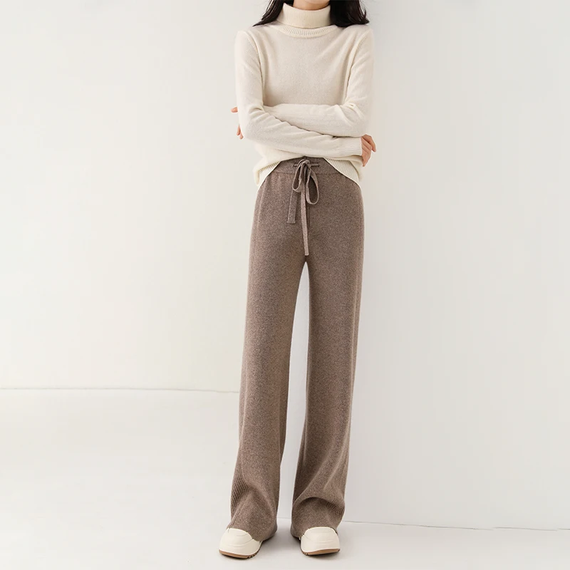 Женские широкие брюки из чистого кашемира с высокой талией длиной до пола