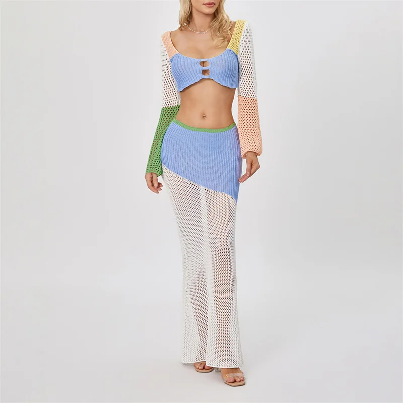 

Women Crochet Knit Hollow out Casual Beach Contrast Color Summer Outfits Long Sleeve Crop Top + Wrap Long Skirt Set Streetwear