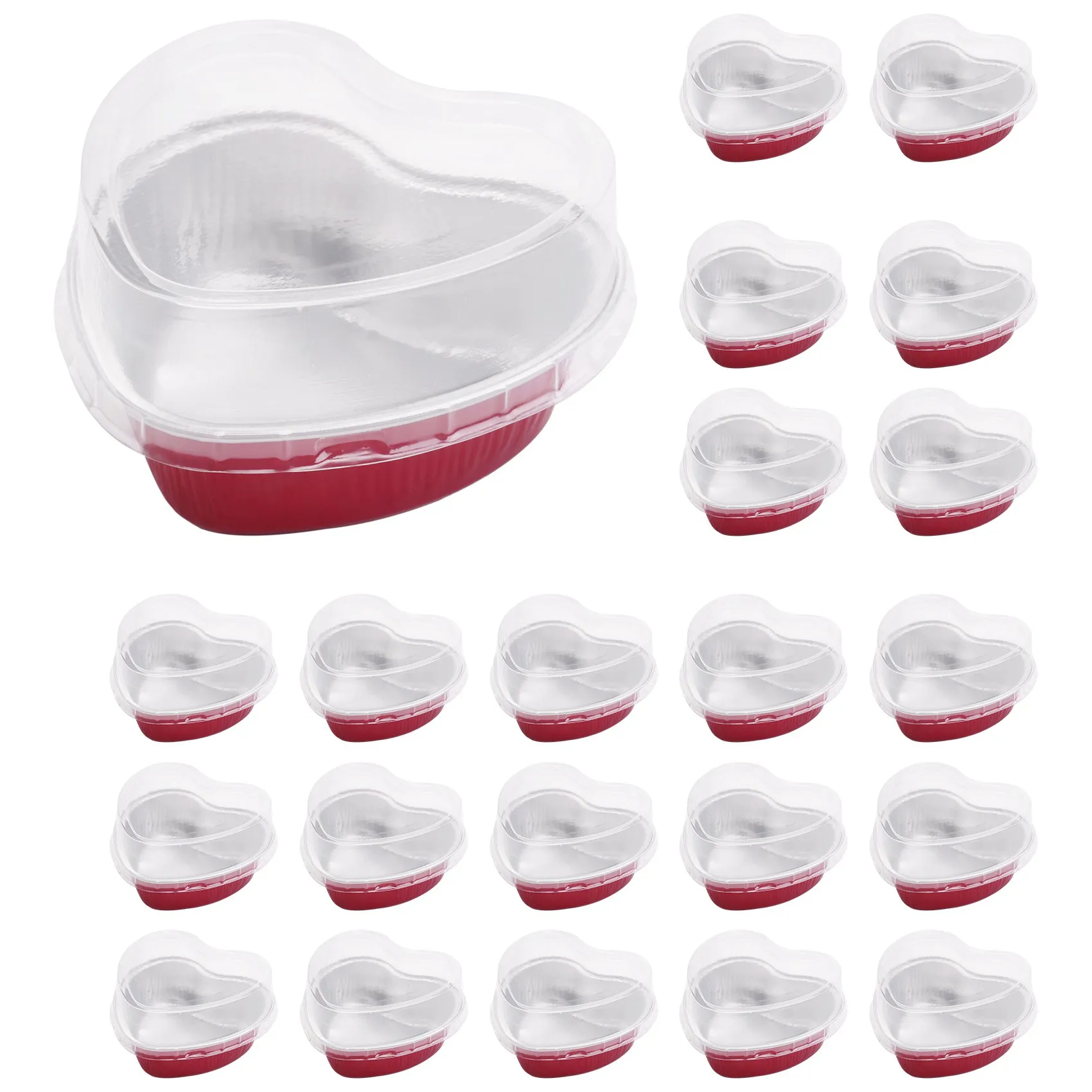 

100 PCS Valentine Red Heart Shaped Cake Pan Cupcake Cups with Lids Disposable Cupcake Cups Flan Baking Pans Containers