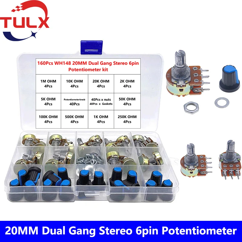 160Pcs/ Box WH148 20MM Dual Gang Stereo 6pin Potentiometer kit 1K 2K 5K 10K 20K 50K 100K 1M Rotary Resistor Set |