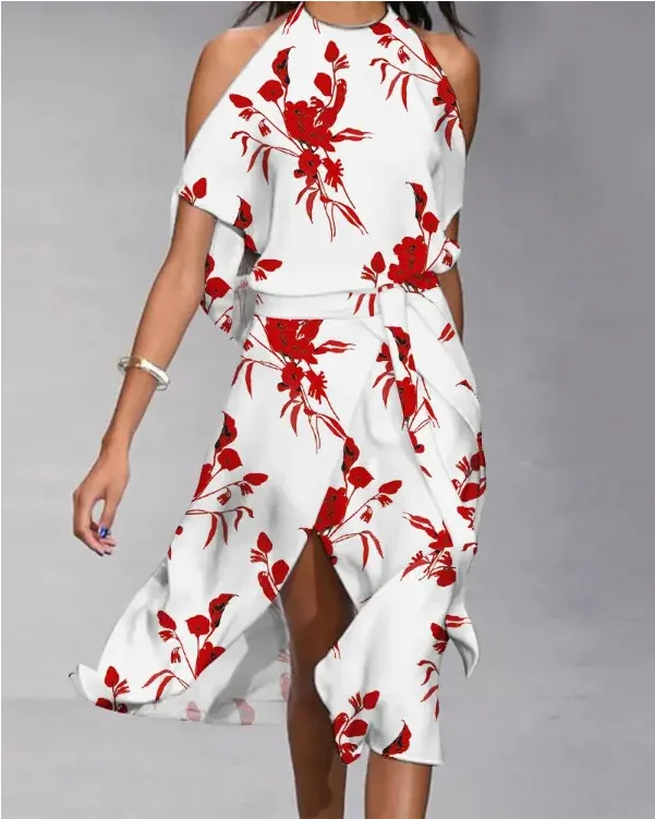 

Summer Belted Printed Off Shoulder Slit Vacation Dress Casual Tie Dye Short Sleeve Mid Length Women's New Style