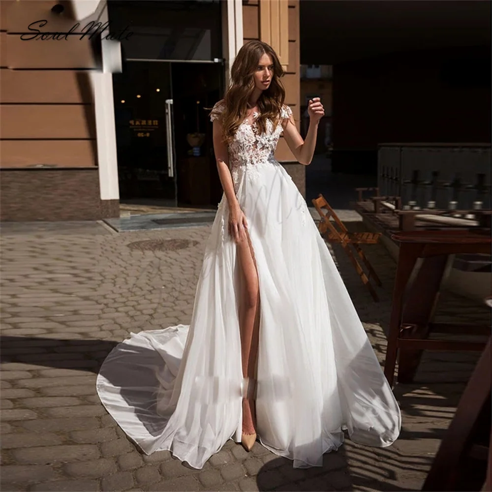 

Женское кружевное свадебное платье, изысканное ТРАПЕЦИЕВИДНОЕ ПЛАТЬЕ с разрезом, аппликацией, круглым вырезом и открытой спиной, белое пла...