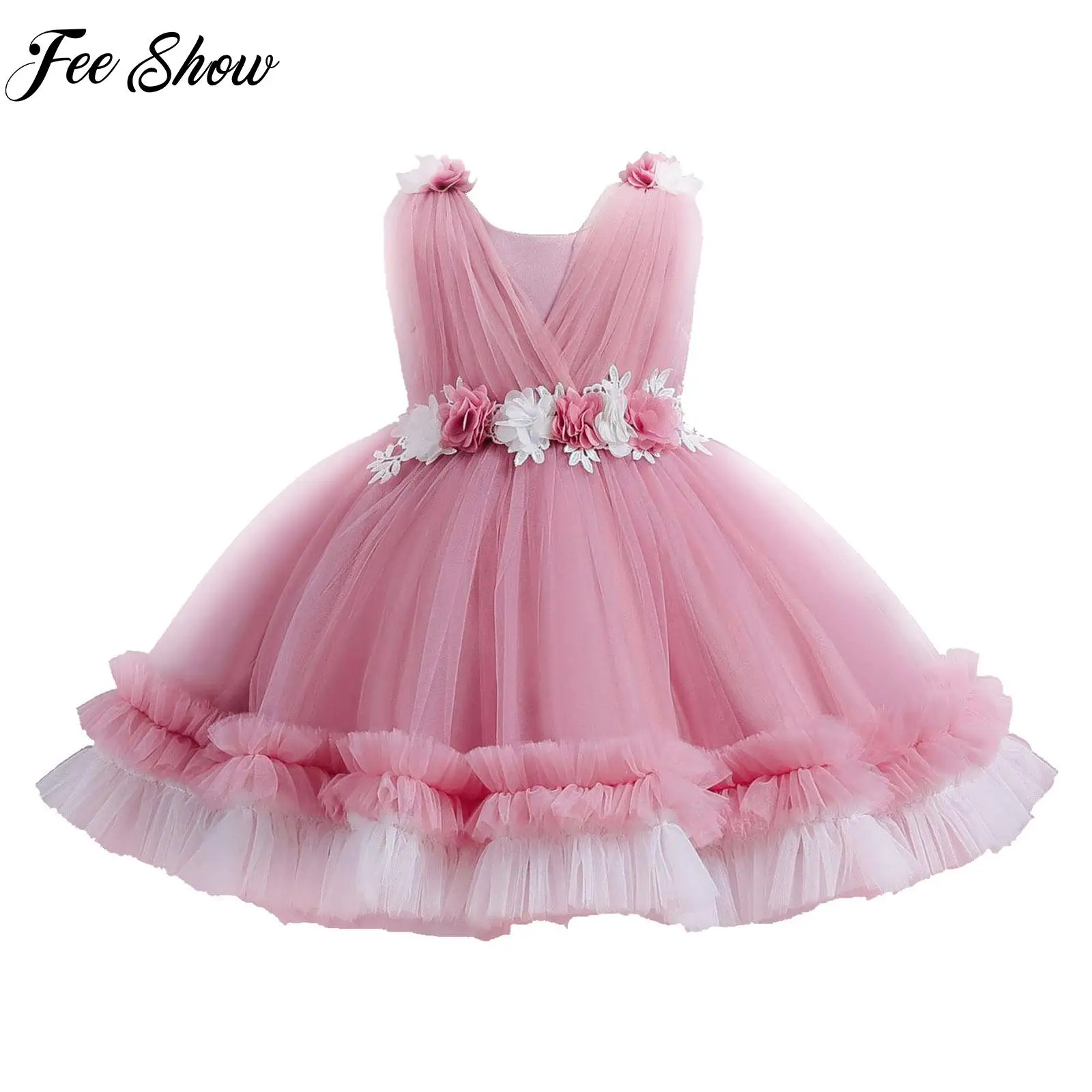 

Baby Girls 3D Applique Flower Girl Party Dress Sleeveless Ruffle Trims Ruched Tulle Fluffy Dress for Celebration Birthday