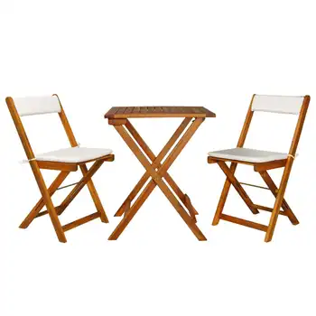 3 Piece Folding Bistro Set with White Cushions Solid Acacia Wood Outdoor Table and Chair Sets Outdoor Furniture Sets