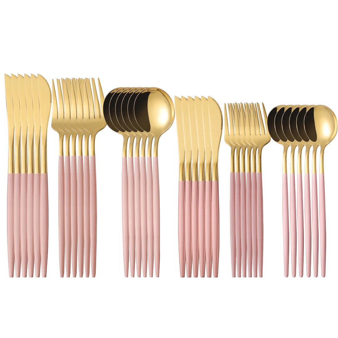 36Pcs Pink Gold Cutlery Set Stainless Steel Dinnerware Set Knives Forks Coffee Spoons Flatware Kitchen Dinner Tableware Set