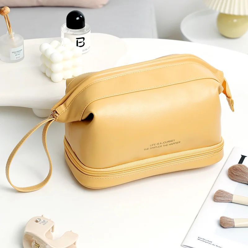New fashion double layer portable cloud bag pu leather waterproof large capacity with underwire makeup bag travel storage bag