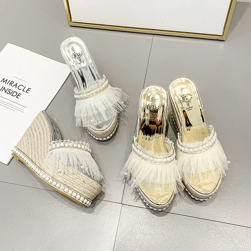 

Pearl Sandals Summer Slippers Women's Inner Heightening Super High Heel Lace Edge Fashion Women's Shoes