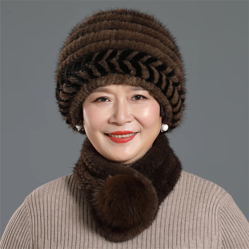 Autumn And Winter Thickened Warm Ear Protection Mink Fur Knitted Hat Middle-aged And Elderly Foreign-style Mother Hat Scarf