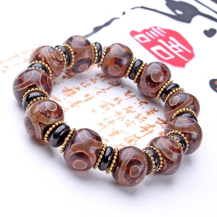 

Tibetan Buddhism Three Eyes Dzi Bead Large Bracelet Men Accessories Genuine Natural Agate Jade Beads Elastic Beaded Bracelets