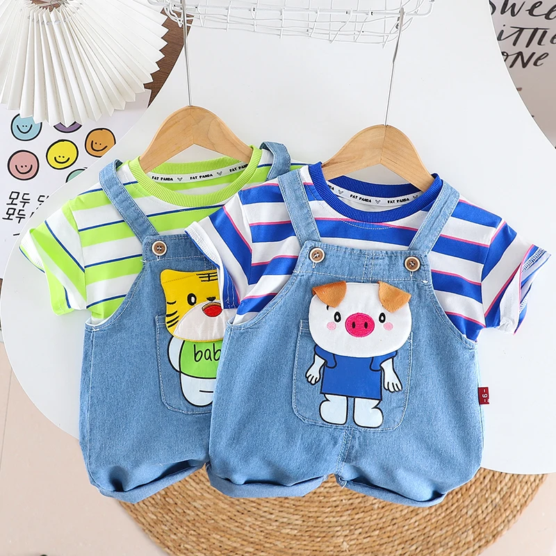 

Kids Brother sister Clothes Children Boy/Girl Cartoon stripe T-Shirt 2pcs/Overalls pants sets Summer Fashion Casual Tracksuit