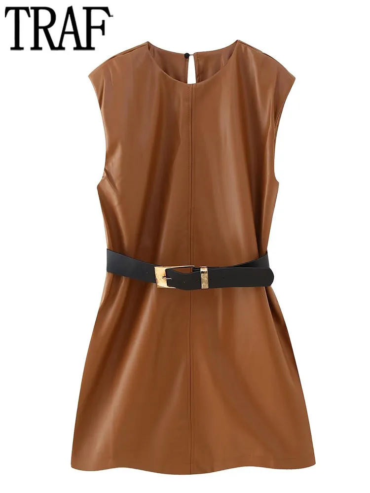 

Платье-мини из искусственной кожи, без рукавов, с поясом