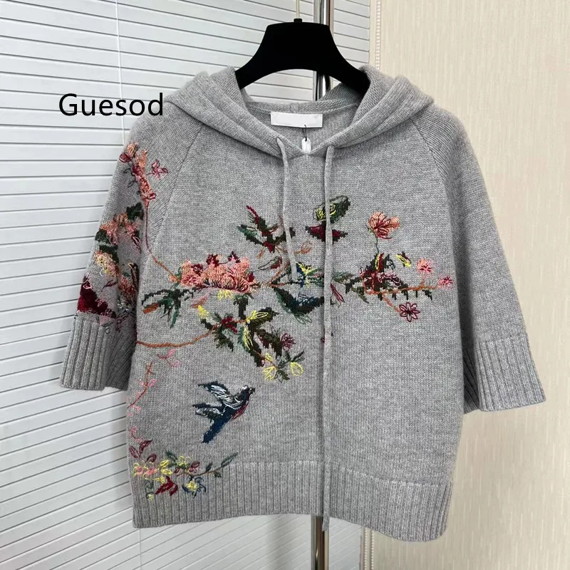 

Guesod Women Wool Cashmere Knitting Top 2022 Autumn Winter Hooded Gray Embroidery Flower Half Sleeve Pullovers Yarn OuterwearNew