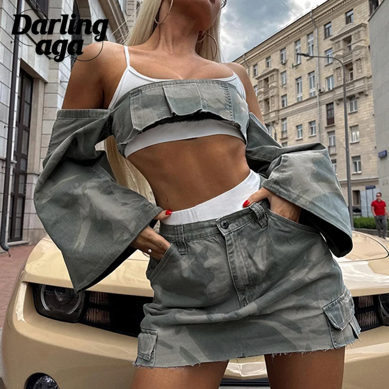 

Darlingaga Streetwear Camouflage Two Pieces Set Women Burr Harajuku Cargo Style Off Shoulder Top+Mini Skirt Outfits Summer Party