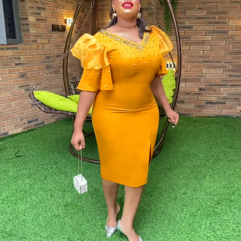 

2023 Summer Autumn African Women Half Sleeve V-neck Polyester Yellow Polyester Knee-length Dress Dashiki African Dresses Women
