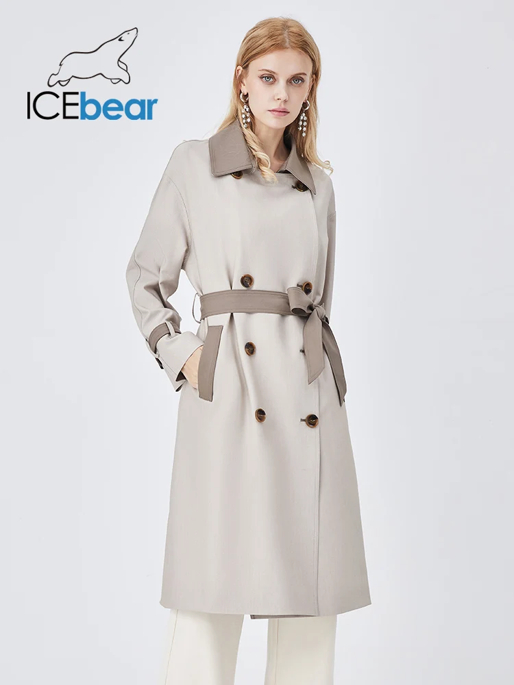 

ICEbear autumn new windbreaker jacket ladies spelling color long casual temperament trench coat F2201-1