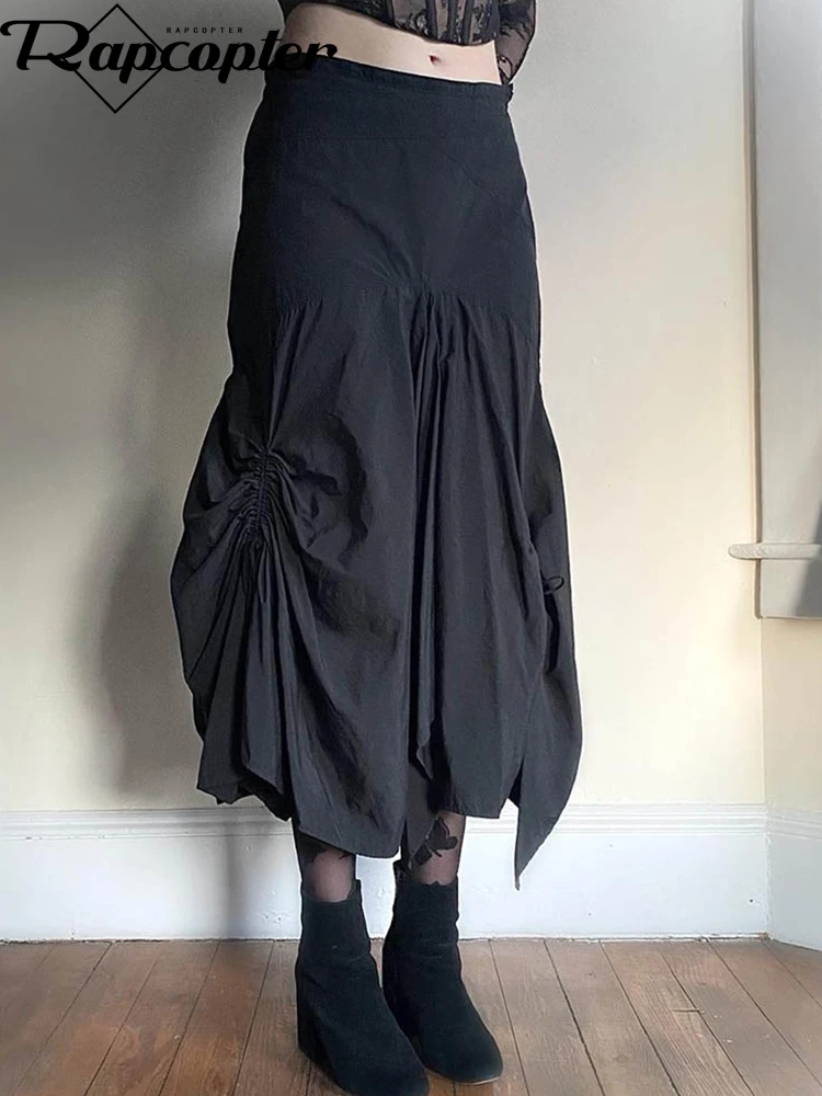 

Rapcopter Y2K Black Midi Skirts Irregular Ruched Grunge Long Skirts Women Vintage Prepply Gothic Punk Long Skirts Korean Chic