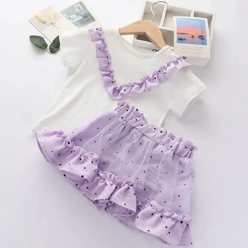 

Casual Baby Girls Clothing Sets Korea Summer Children Clothes Set Short-sleeved Pleated T-shirt Polka Dot Mesh Skirt 2pcs Suit
