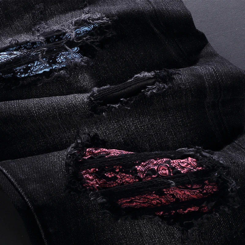 High Street Fashion Men Jeans Retro Black Gray Elastic Slim Fit Ripped Jeans Men Patched Designer Hip Hop Brand Pants Hombre