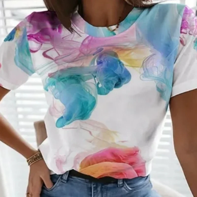

Summer Large Women's T-shirt O-neck 3d Colorful Print Contrast Color Ladies T Shirt Sweatshirt Girls New Casual Pullover Xxs-6xl