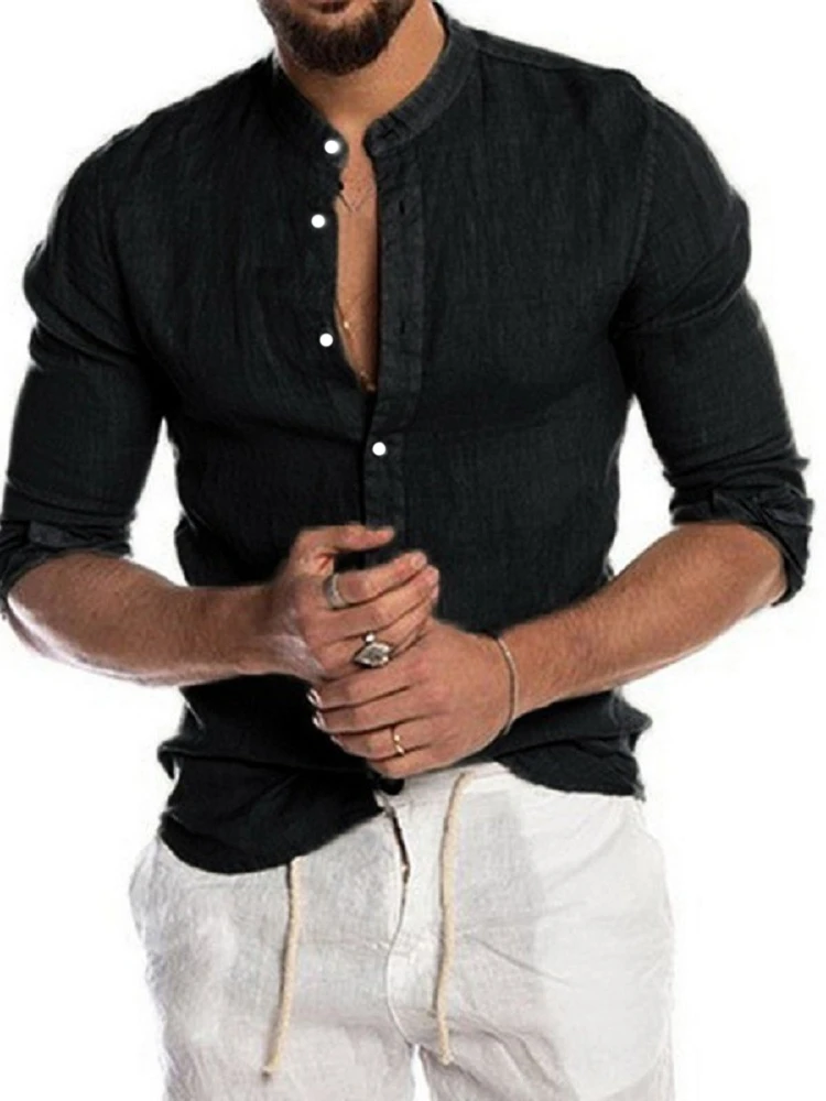 2022 Men's Long Sleeve Cardigan Stand Collar Long Sleeve Shirt Summer Solid Color Stand Collar Casual Beach Style Cotton Linen