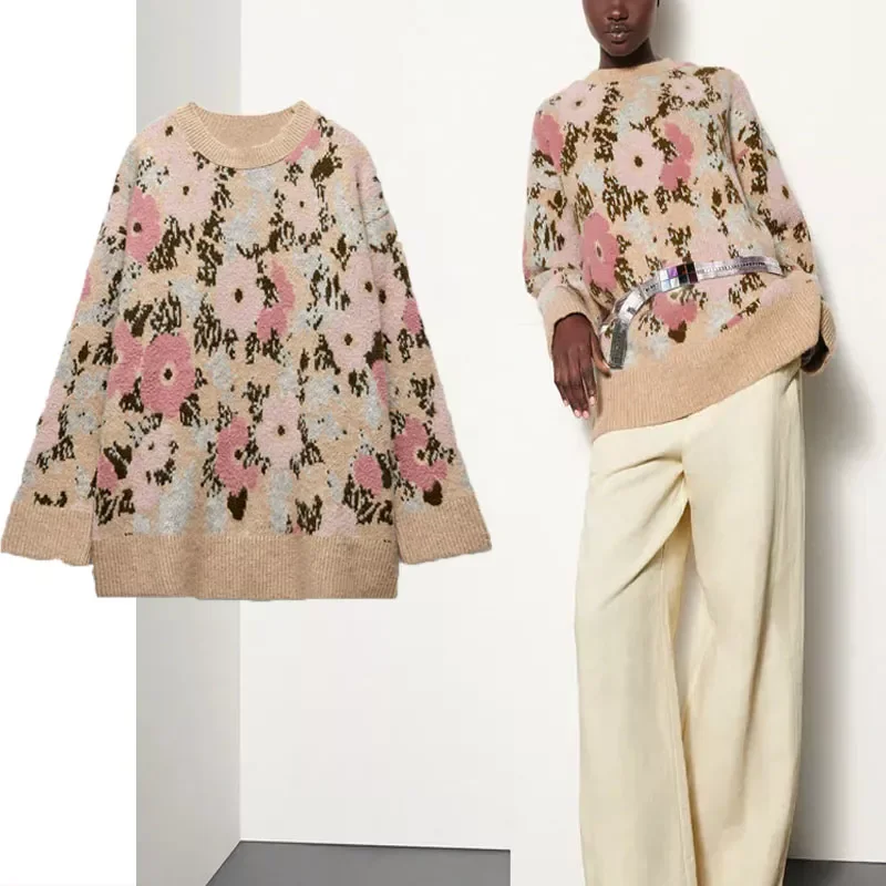 

New in Floral Jacquard Knit Sweater Women Long Sleeve O Neck Loose Knitted Top Femal Vintage Plus Size Winter Pullover jackets