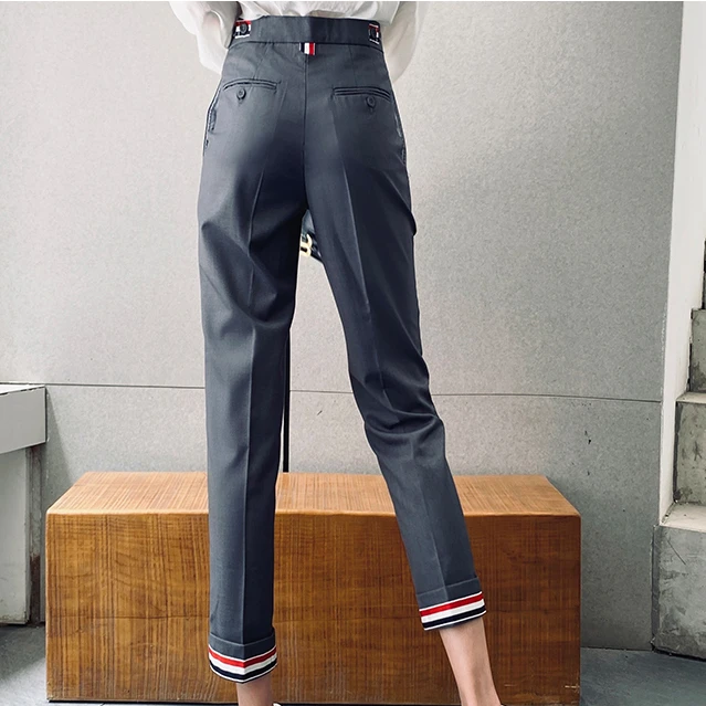 Серые брюки TB, женские укороченные брюки, весенне-осенний костюм из материала, черные маленькие брюки, прямые брюки, Костюмные брюки