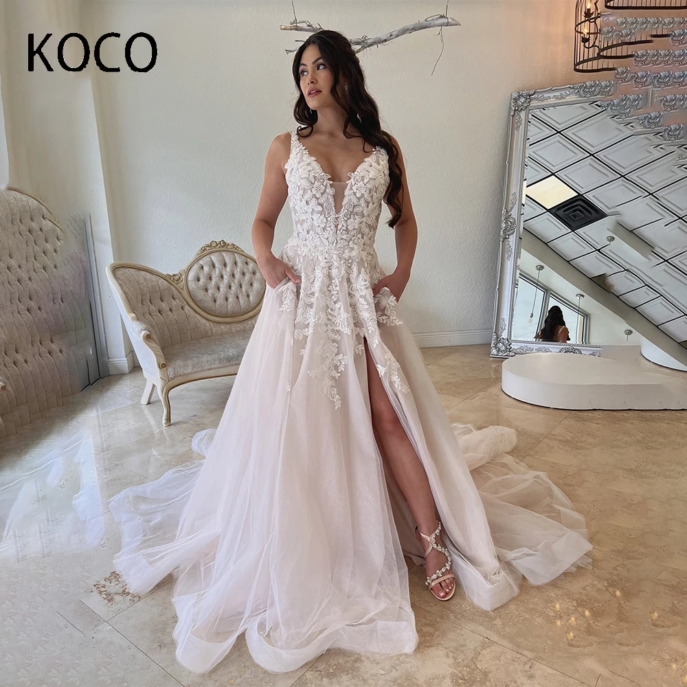 

MACDUGAL High Slit Deep V-neck Wedding Dress A-line Appliques Lace Court Train Vestido De Novia For Elegant Women Custom Made