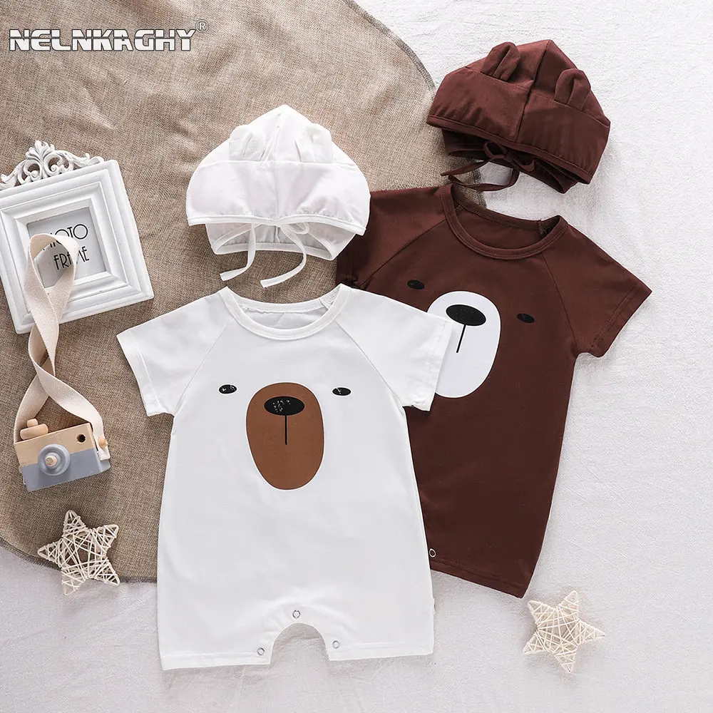 2023 New In Summer Infant Newborn Baby Boys Cartoon Bear Print Cotton Clothing Outfits Kids Jumpsuits Romper Gift Hat