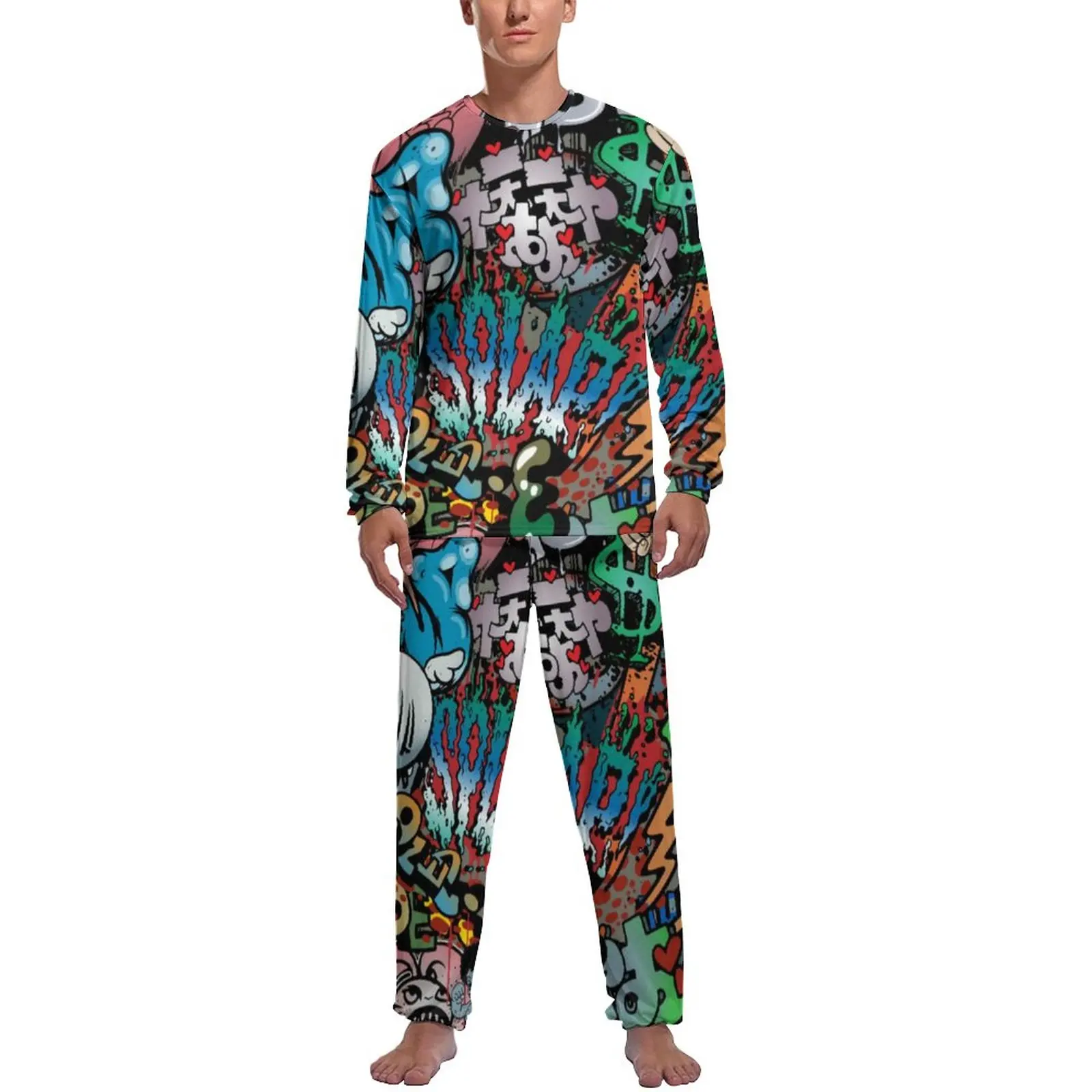 Funny Word Graffiti Pajamas Daily Letter Print Casual Sleepwear Man 2 Pieces Design Long Sleeve Cool Pajamas Set
