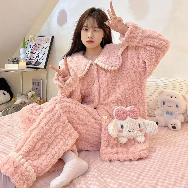 

Kawaii Sanrioed Cinnamoroll Hellokittys женская ночная рубашка для дома аниме зимняя утолщенная бархатная теплая Домашняя одежда комплект