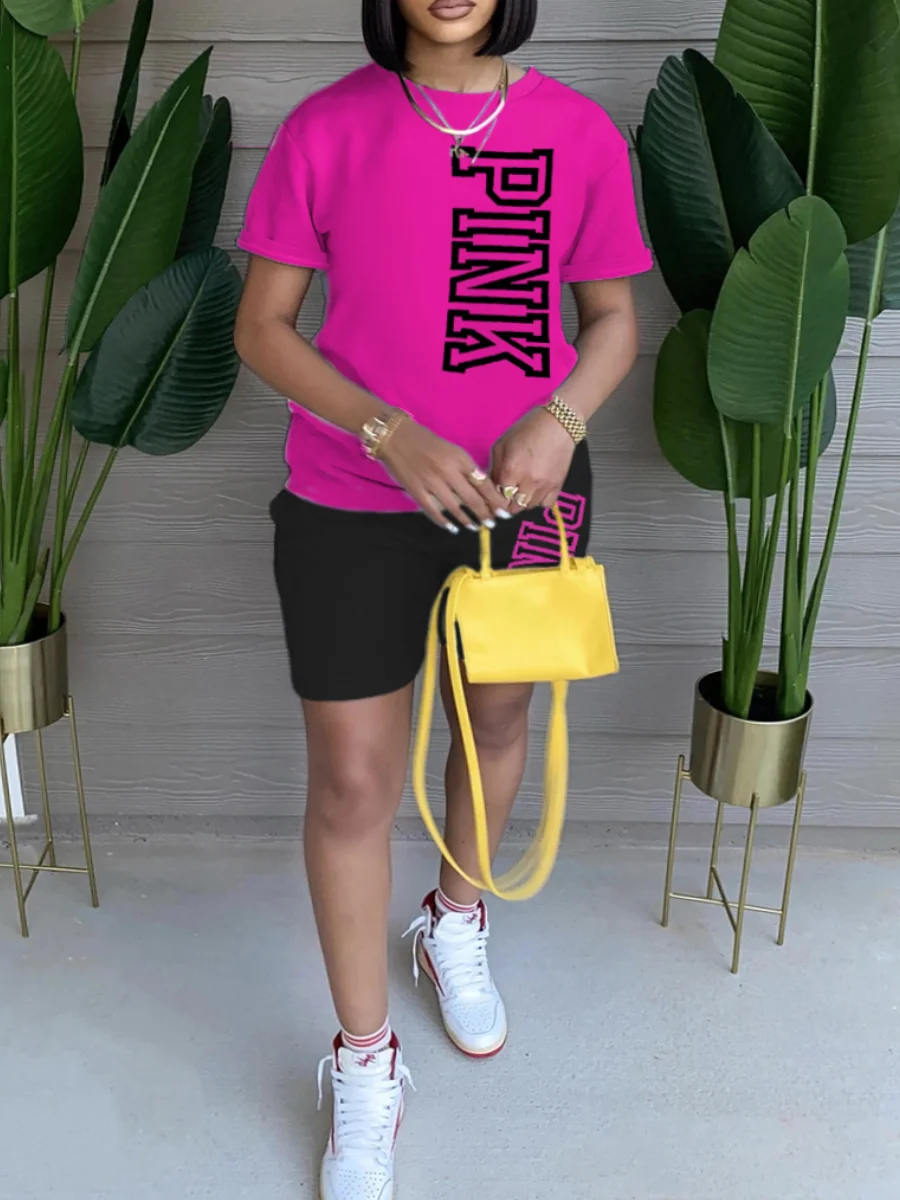 LW Plus Size Pink Letter Print Shorts Set Summer Women Printing Casual T-Shirt Y2k Graphics Top Shorts Set Lady Daily Streetwear
