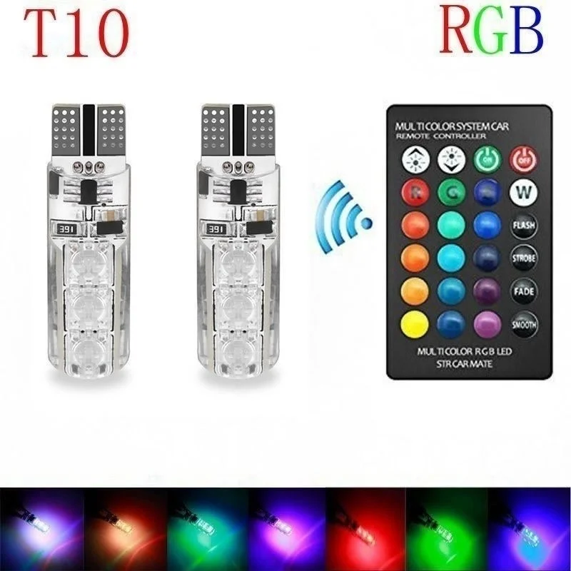 

2x T10 Водонепроницаемая автомобильная клиновая боковая лампа W5w 501-6SMD 5050 RGB 7-цветный светодиодный пульт дистанционного управления (БЕЗ батареи) Стробоскопическая клиновая лампа со вспышкой