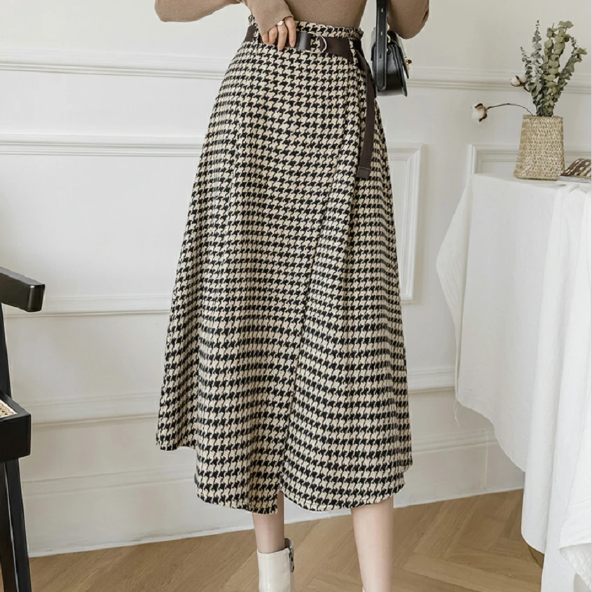 

Vintage Wool Plaid Skirts Women Casual Korean High Waist Ladies Female Mid-Calf Irregular Skirt 2022 Autumn Winter L506