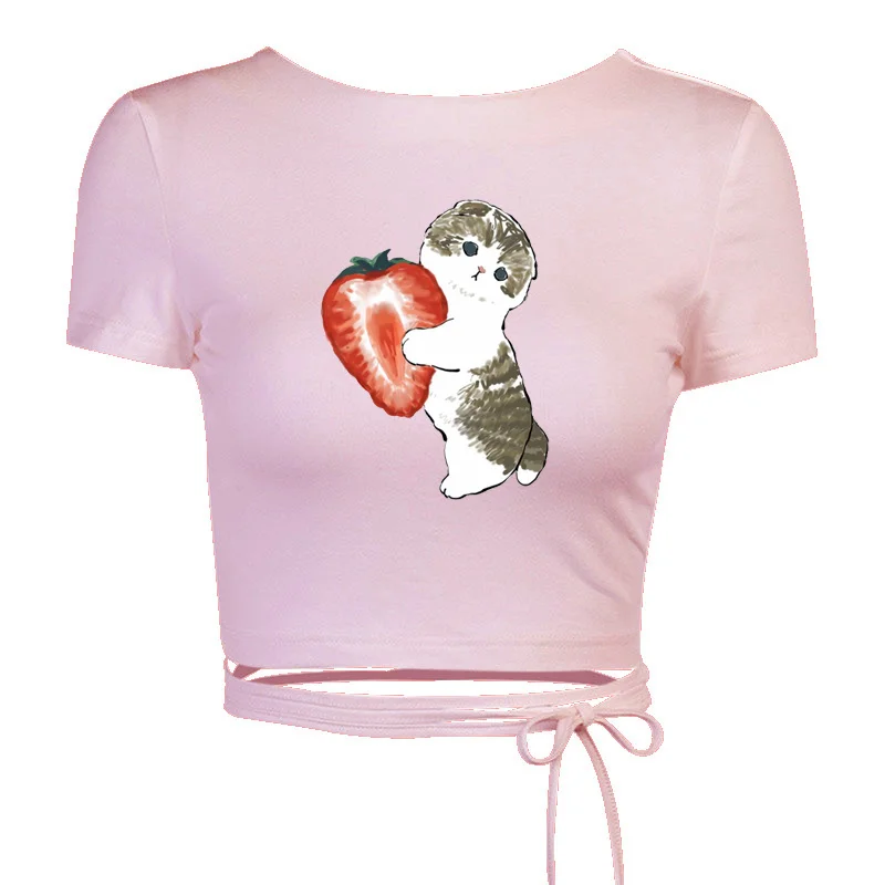 

Футболка женская с принтом фруктов и кошек, облегающий короткий топ с открытой спиной, повседневная Милая уличная одежда в Корейском стиле, ...