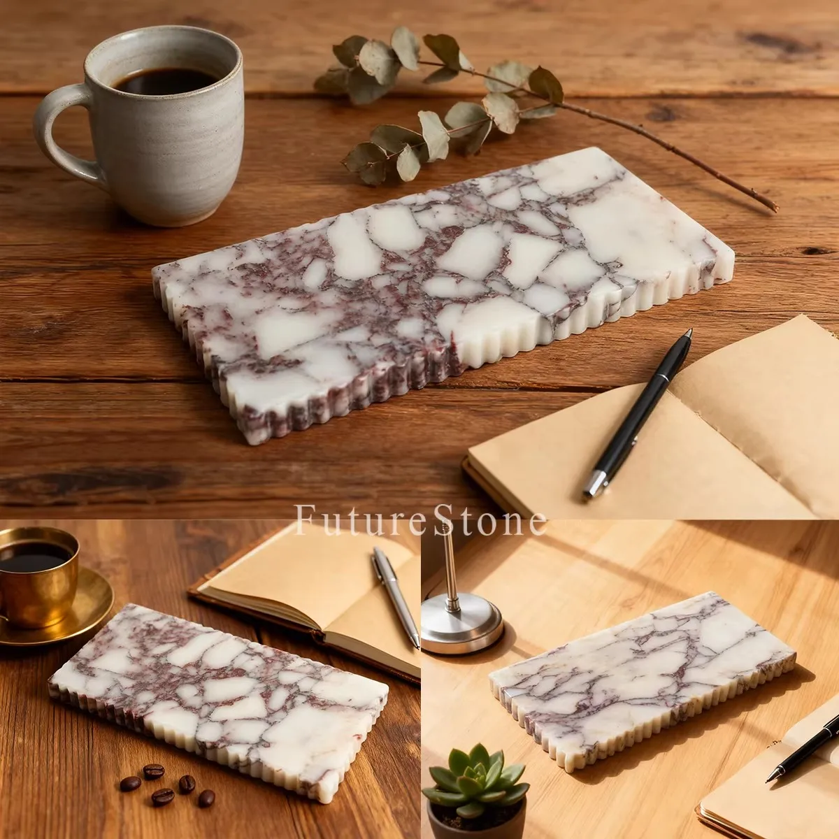 Фото Поднос из натурального мрамора Булгари, фиолетовый, с волнистым краем, креативный дизайн, для дома, ароматерапии и декора. №4