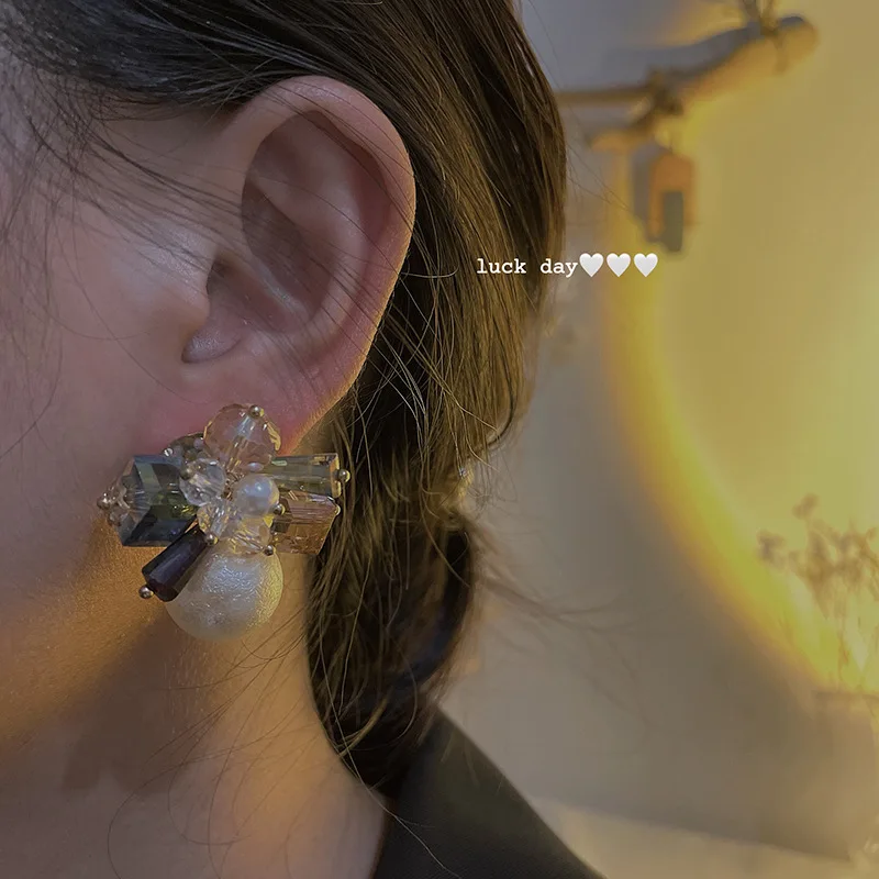 

925 silver needle multi-color crystal agate cotton bead earrings ins style niche design sense trendy earrings earrings