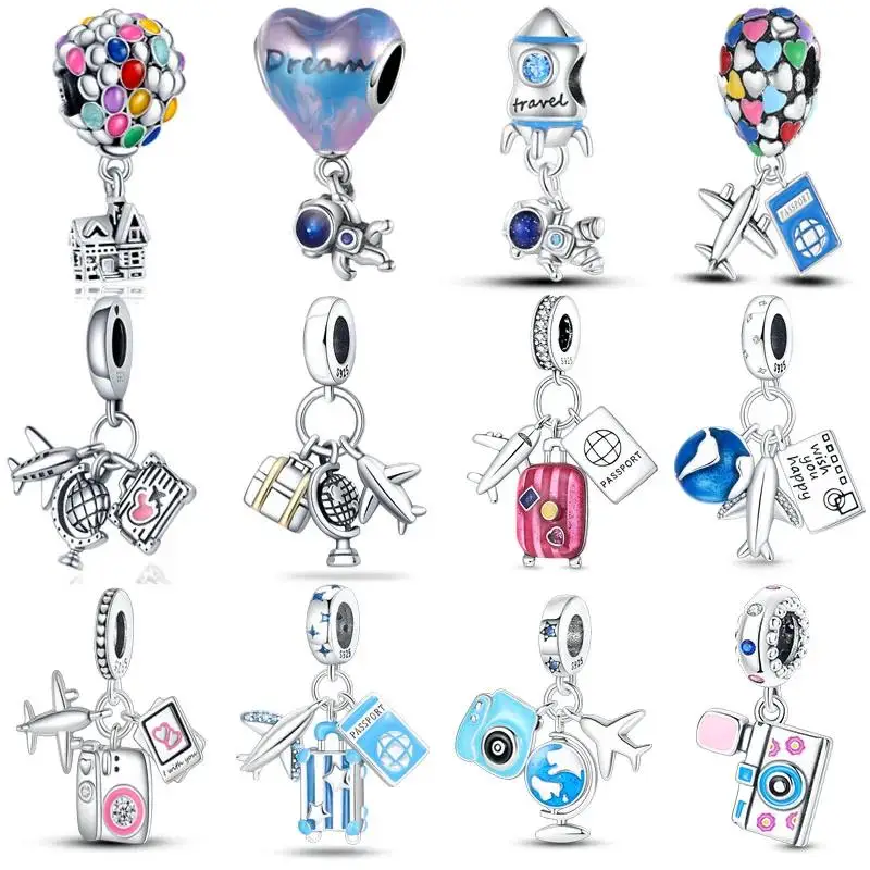 

Charms Fit Pandora Original Bracelets Silver 925 Stering Earth Plane Bead Hot Air Balloon Travel Pendant DIY Jewelry Making