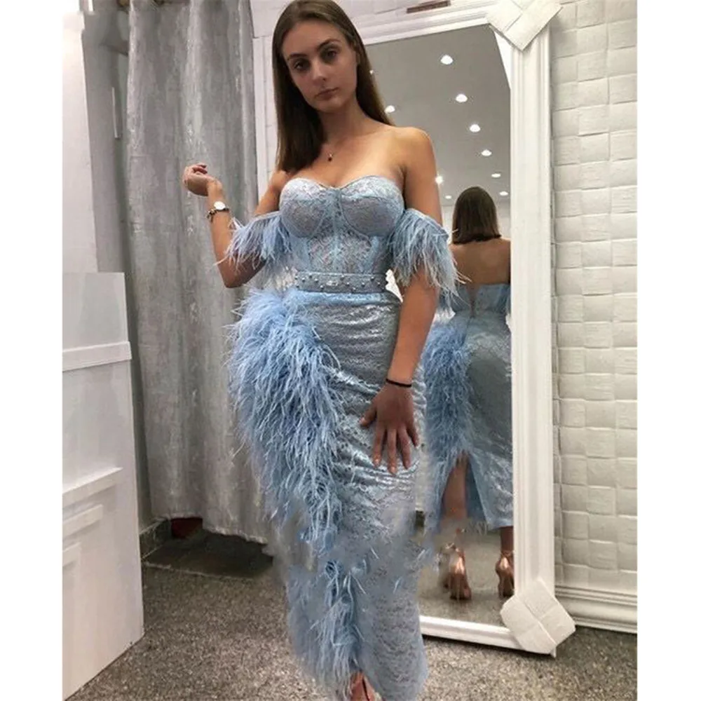 

Sky Blue Evening Dress Off Shoulder Feathers Sheath Lace Luxury Arabic Party Dresses Women Applique Robe De Soiree