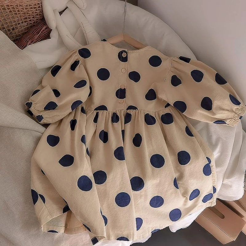 

Korean Cute Polka Dot Long Sleeved Girls' Princess Dresses Round Neck Fashion Casual Button Sweet Vestidos For Kids Baby Costume