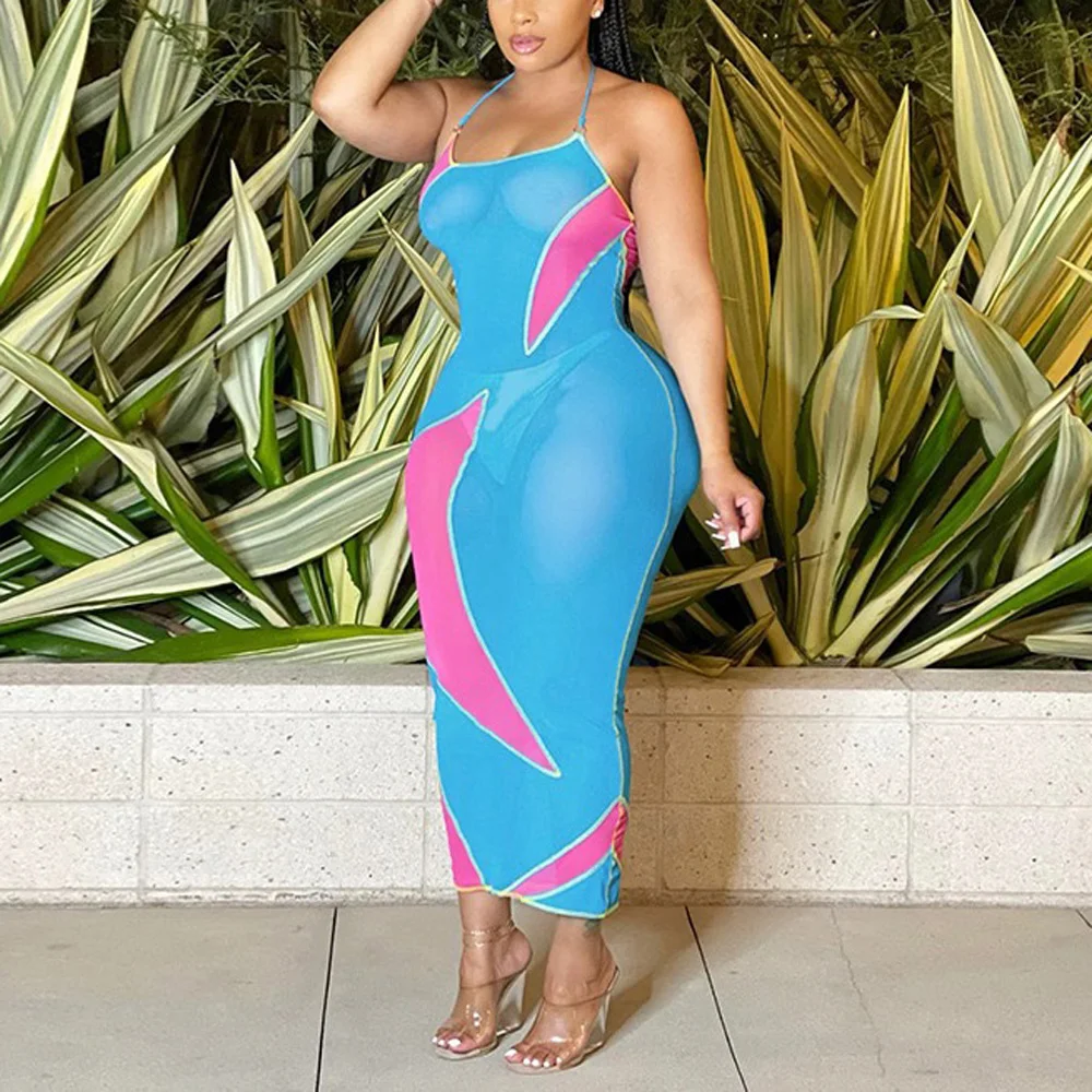 

4XL 5XL Plus Size Dresses for Women Halter Backless Bodycon Patchwork Mid Calf Sexy Evening Night Party Club Vestidos Mujer Hot