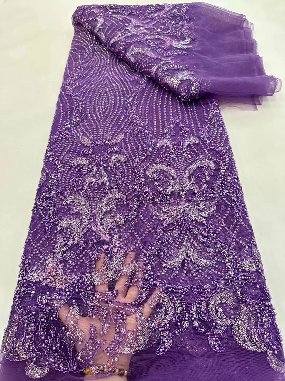 

African Groom White Lace Fabric 2023 High Quality Sequins Lace Embroidery French Net Lace Fabric With Pearl For Nigerian Party