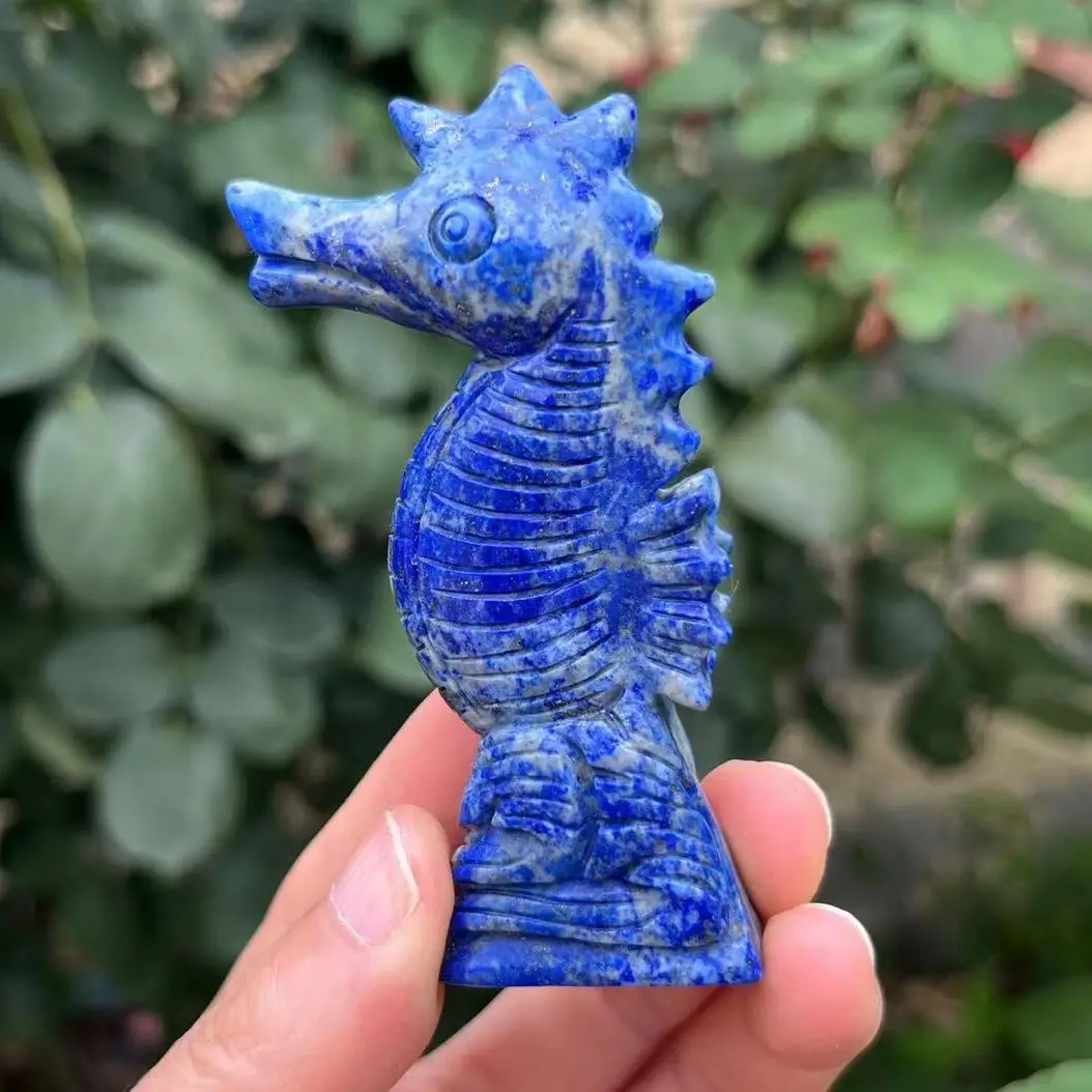 

80mm Sea Horse Statue Natural Gemstone Lapis Lazuli Reiki Healing Crystal Hand Carved Stone Animal Figurine Home Decoration