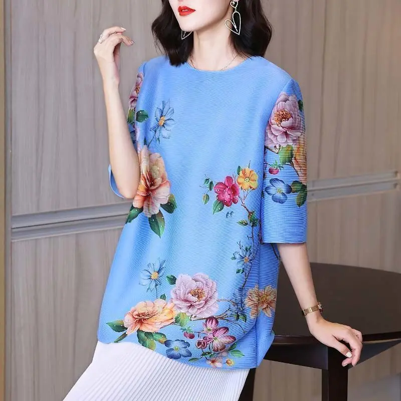 

Футболка женская с круглым вырезом, модная Облегающая рубашка свободного покроя в национальном стиле, с рукавом 3/4, с плиссированным принтом, голубая, лето 2023