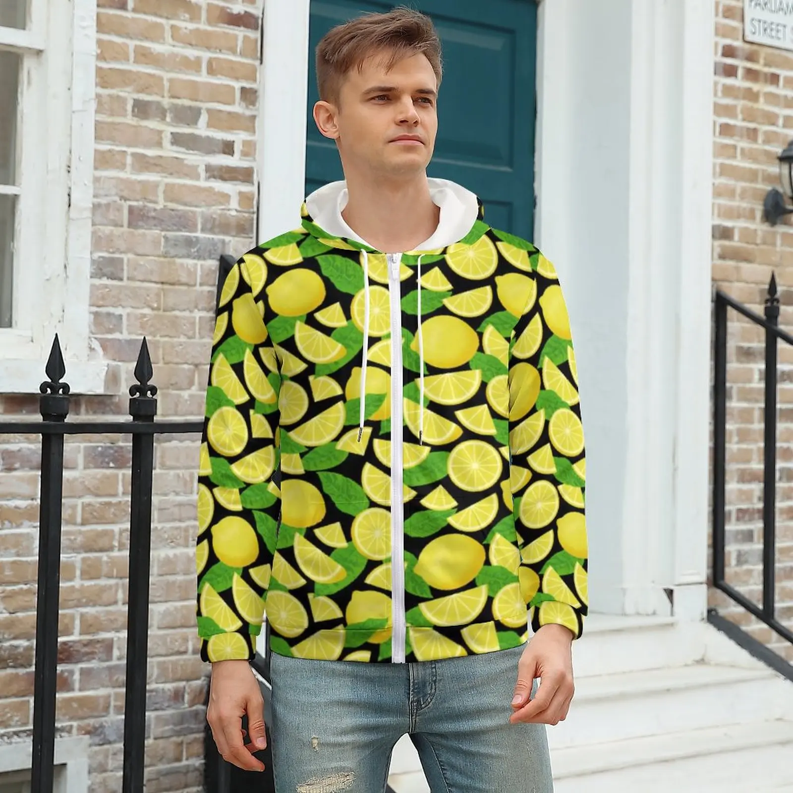 

Lemon Print Hoodie Green Leaves Stylish For Men Hoodies For Men Winter Zip Up Hoodie Plus Size XXXL