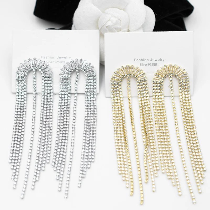 

JICAI Cute 18K Gold Silver Rhinestone Tassel Earrings For Women Party Wedding Statement Jewelry Long Earings Exquisite Gifts