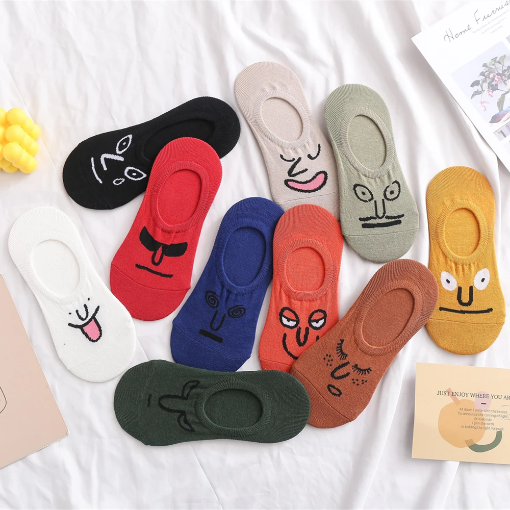 

10 Colors New Girls' Fashion Summer Funny Cartoon Graffiti Emoticons No-Show Socks Unisex Expression Art No-Slip Sox Dropship