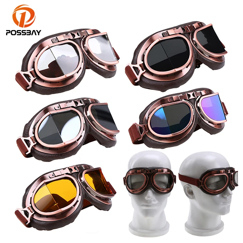 

POSSBAY Retro Motorcycle Goggles Glasses Cafe Racer Moto Classic for Harley Pilot Steampunk ATV Outdoor Sports Copper Helmet