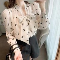 print flocking bow tie neck women shirt chiffon long sleeved shirt blouse spring female top blusas mujer de moda 2022 elegantes
